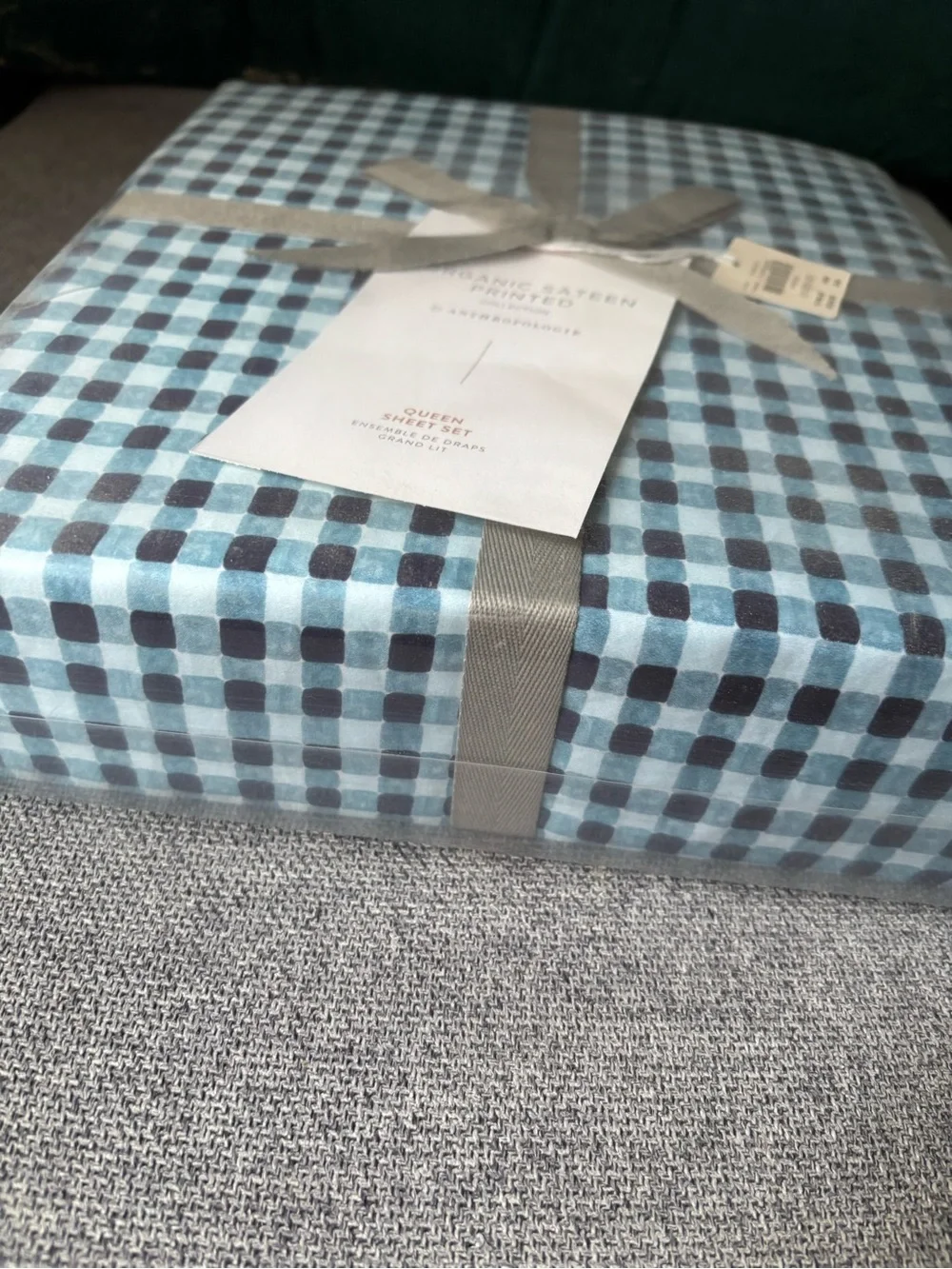 Patterned packaged bedding with tag